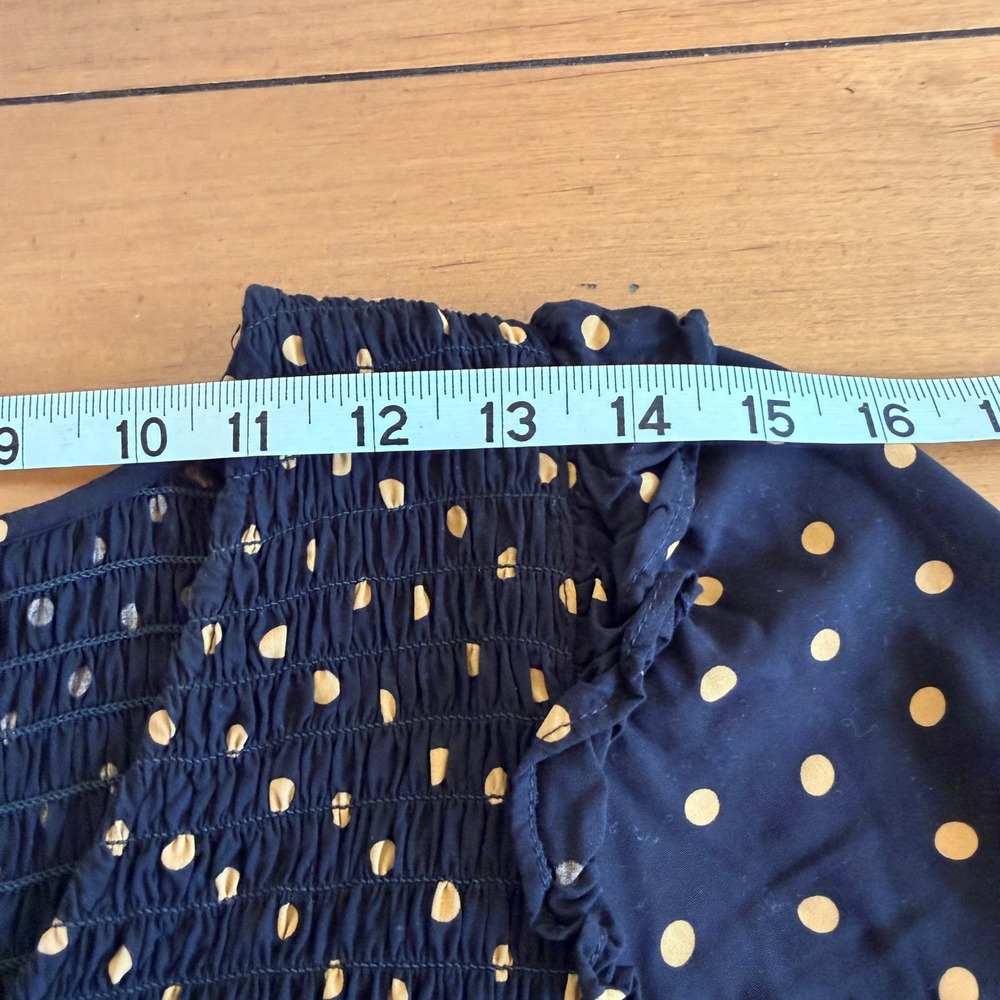 Madewell‎ Smocked Ruffle Shoulder Mini Dress Black Gold Polka Dot Viscose Small - Picture 8 of 11